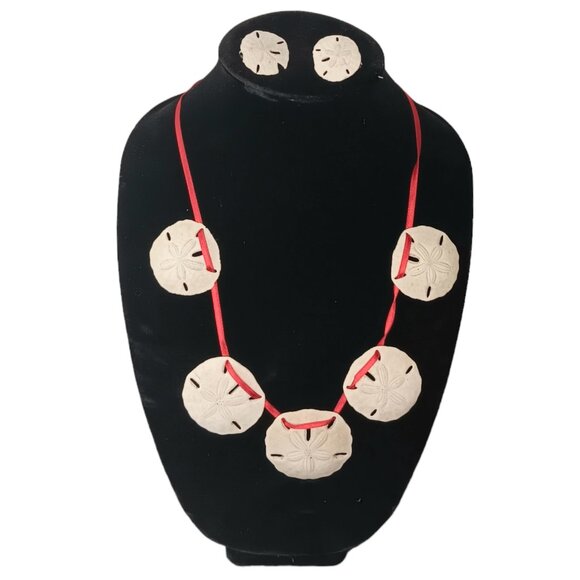 Handmade Jewelry - Real Sand Dollar Necklace And Matching Clip On Earrings Adjustable Red Ribbon